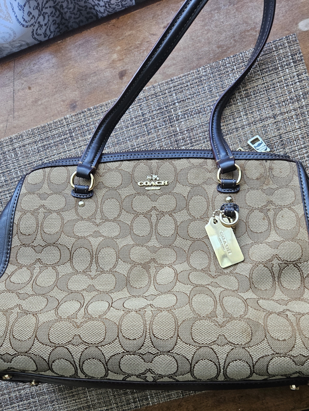 Coach Signature Canvas Tote in Khaki/Chalk with Brown Trim